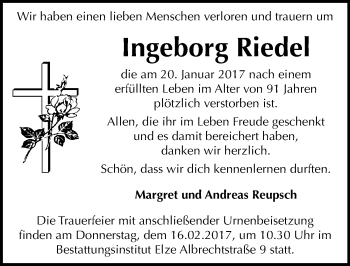 Traueranzeige von Ingeborg Riedel von Mitteldeutsche Zeitung Dessau-Roßlau