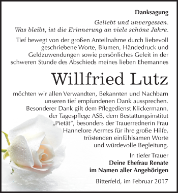 Traueranzeige von Willfried Lutz von Mitteldeutsche Zeitung Bitterfeld