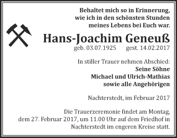 Traueranzeige von Hans-Joachim Geneuß von Super Sonntag SGH Mansf. Land