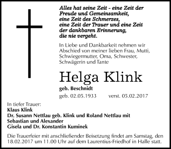 Traueranzeige von Helga Klink von Mitteldeutsche Zeitung Halle/Saalkreis
