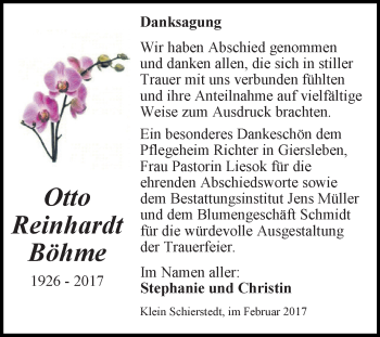 Traueranzeige von Otto Reinhardt Böhme von Super Sonntag SGH Mansf. Land