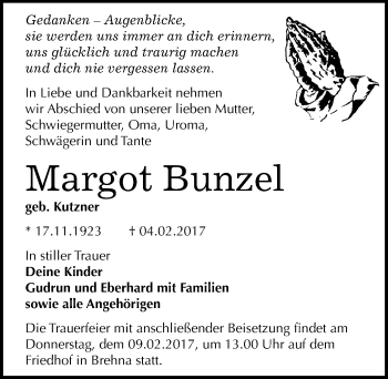 Traueranzeige von Margot Bunzel von Mitteldeutsche Zeitung Bitterfeld