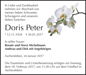 Traueranzeige von Doris Peter von Mitteldeutsche Zeitung Aschersleben