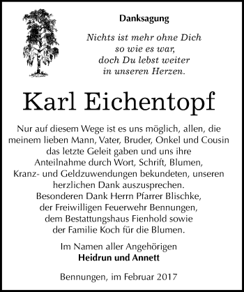 Traueranzeige von Karl Eichentopf von Mitteldeutsche Zeitung Sangerhausen
