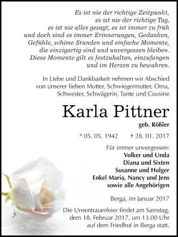 Traueranzeige von Karla Pittner von Super Sonntag SGH Mansf. Land