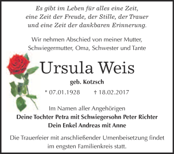 Traueranzeige von Ursula Weis von Super Sonntag Wittenberg