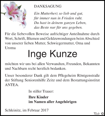 Traueranzeige von Inge Kunze von Super Sonntag Zeitz