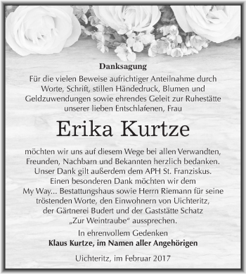 Traueranzeige von Erika Kurtze von WVG - Wochenspiegel NMB / WSF / ZTZ