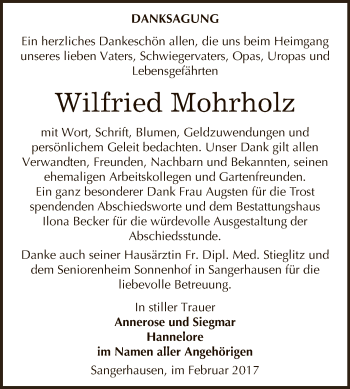 Traueranzeige von Wilfried Mohrholz von Super Sonntag SGH Mansf. Land