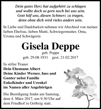 Traueranzeige von Gisela Deppe von Mitteldeutsche Zeitung Köthen