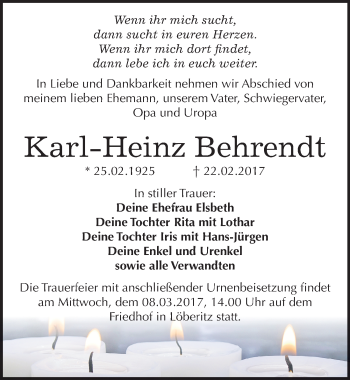 Traueranzeige von Karl-Heinz Behrendt von Mitteldeutsche Zeitung Bitterfeld