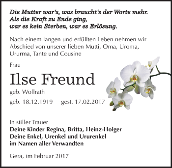 Traueranzeige von Ilse Freund von Mitteldeutsche Zeitung Zeitz