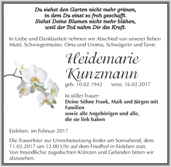 Traueranzeige von Heidemarie Kunzmann von Mitteldeutsche Zeitung Mansfelder Land