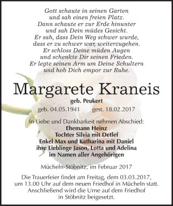 Traueranzeige von Margarete Kraneis von Mitteldeutsche Zeitung Merseburg/Querfurt