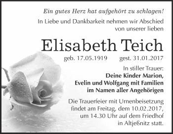 Traueranzeige von Elisabeth Teich von WVG - Wochenspiegel Bitterfeld