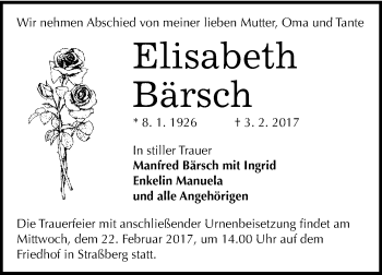 Traueranzeige von Elisabeth Bärsch von Super Sonntag Quedlinburg