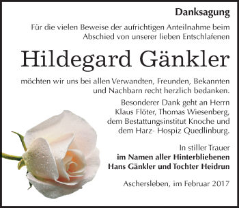 Traueranzeige von Hildegard Gänkler von Mitteldeutsche Zeitung Aschersleben