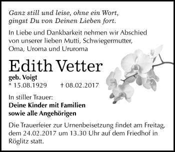 Traueranzeige von Edith Vetter von Mitteldeutsche Zeitung Merseburg/Querfurt