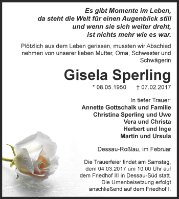 Traueranzeige von Gisela Sperling von WVG - Wochenspiegel Dessau / Köthen