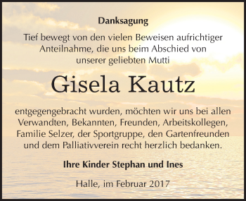 Traueranzeige von Gisela Kautz von Mitteldeutsche Zeitung Halle/Saalkreis