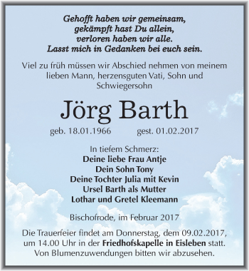 Traueranzeige von Jörg Barth von Mitteldeutsche Zeitung Mansfelder Land
