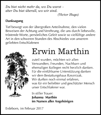 Traueranzeige von Erwin Marthin von Mitteldeutsche Zeitung Mansfelder Land