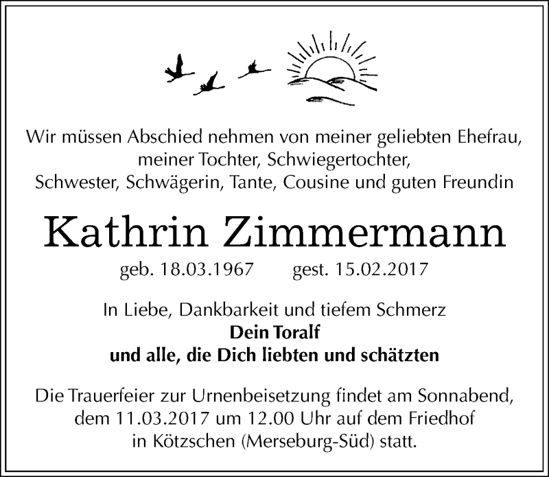  Traueranzeige für Kathrin Zimmermann vom 18.02.2017 aus Mitteldeutsche Zeitung Merseburg/Querfurt