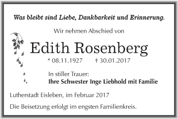 Traueranzeige von Edith Rosenberg von Super Sonntag SGH Mansf. Land