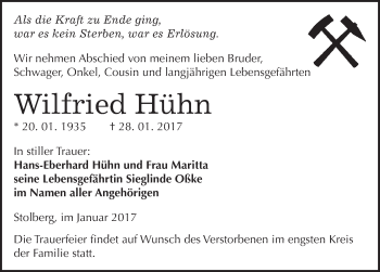 Traueranzeige von Wilfried Hühn von Mitteldeutsche Zeitung Sangerhausen