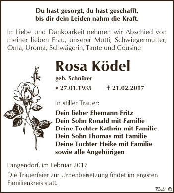 Traueranzeige von Rosa Ködel von WVG - Wochenspiegel NMB / WSF / ZTZ