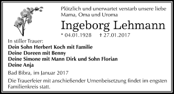 Traueranzeige von Ingeborg Lehmann von Mitteldeutsche Zeitung Merseburg/Querfurt
