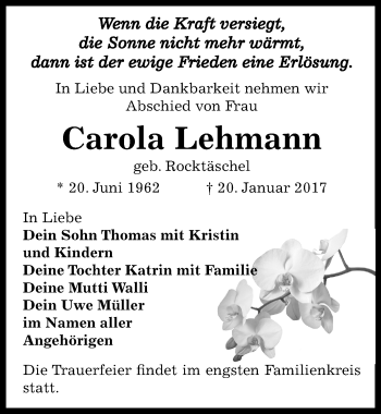 Traueranzeige von Carola Lehmann von Mitteldeutsche Zeitung Weißenfels