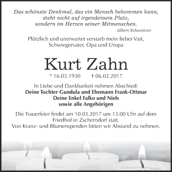 Traueranzeige von Kurt Zahn von WVG - Wochenspiegel Bitterfeld
