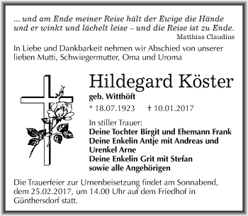 Traueranzeige von Hildegard Köster von Mitteldeutsche Zeitung Merseburg/Querfurt