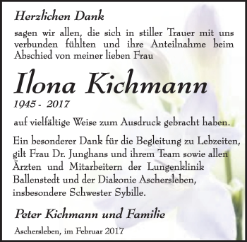 Traueranzeige von Ilona Kichmann von Mitteldeutsche Zeitung Aschersleben