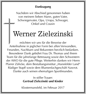 Traueranzeige von Werner Zielezinski von Mitteldeutsche Zeitung Mansfelder Land
