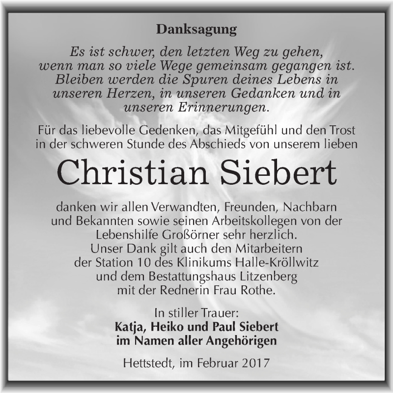  Traueranzeige für Christian Siebert vom 04.02.2017 aus Super Sonntag SGH Mansf. Land