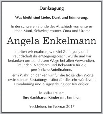 Traueranzeige von Angela Enkelmann von Super Sonntag SGH Mansf. Land