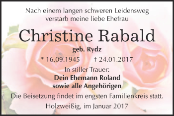 Traueranzeige von Christine Rabald von WVG - Wochenspiegel Bitterfeld