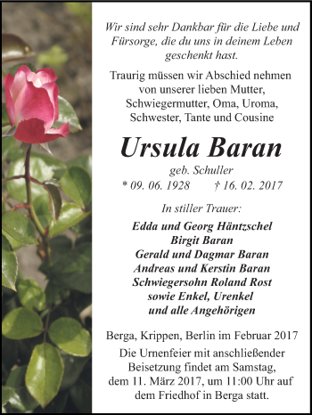 Traueranzeige von Ursula Baran von Super Sonntag SGH Mansf. Land
