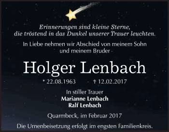 Traueranzeige von Holger Lenbach von Super Sonntag Quedlinburg