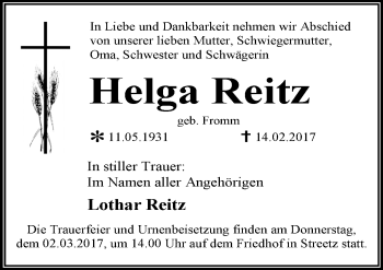 Traueranzeige von Helga Reitz von Mitteldeutsche Zeitung Dessau-Roßlau