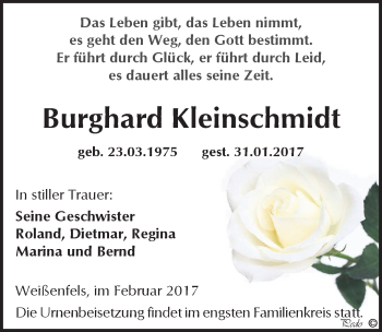 Traueranzeige von Burghard Kleinschmidt von Mitteldeutsche Zeitung Weißenfels