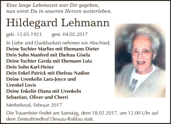 Traueranzeige von Hildegard Lehmann von WVG - Wochenspiegel Dessau / Köthen