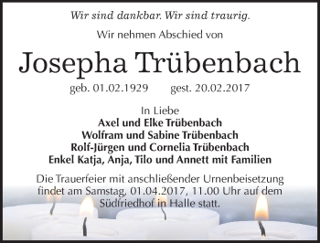 Traueranzeige von Josepha Trübenbach von Mitteldeutsche Zeitung Halle/Saalkreis