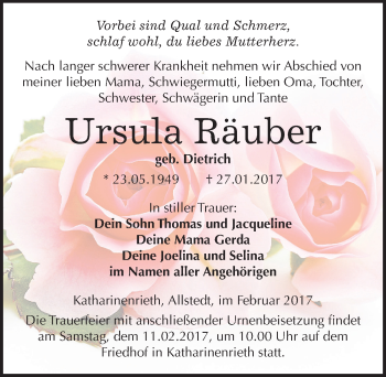 Traueranzeige von Ursula Räuber von Mitteldeutsche Zeitung Sangerhausen