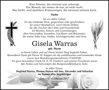 Traueranzeige von Gisela Warras von Mitteldeutsche Zeitung Zeitz