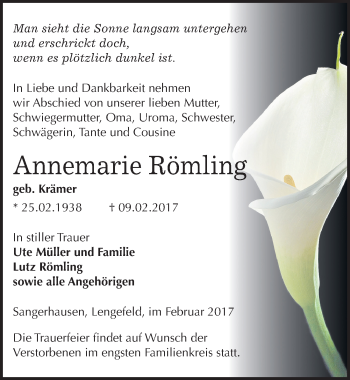 Traueranzeige von Annemarie Römling von Mitteldeutsche Zeitung Sangerhausen