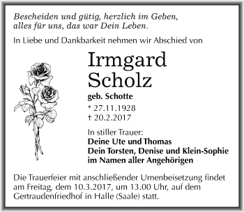 Traueranzeige von Irmgard Scholz von Mitteldeutsche Zeitung Halle/Saalkreis