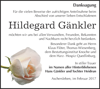 Traueranzeige von Hildegard Gänkler von Super Sonntag SGH Mansf. Land